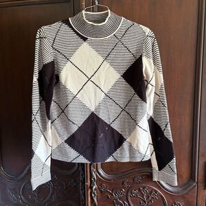 Vintage Talbots Black and White Argyle Mock Neck Sequin Sweater Medium Petite